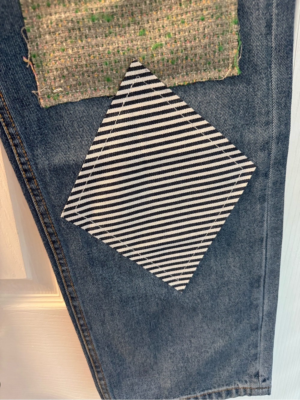 Patchwork Wide Leg Jeans in Blue with Mixed Fabric Panels - Picture 4 of 8